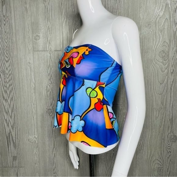 Cartoon Graphic Bandeau Peplum Bikini Swimsuit top strapless bathing suit swimwe - Picture 2 of 5